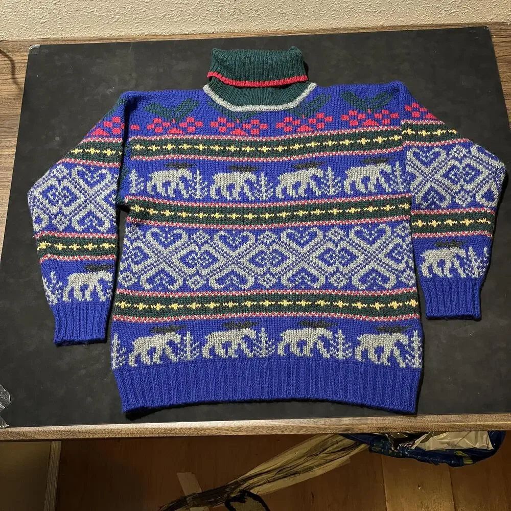 Vintage Eddie Bauer Moose Sweater Knit Wool Turtleneck Fair Isle 90s Lopapeysa